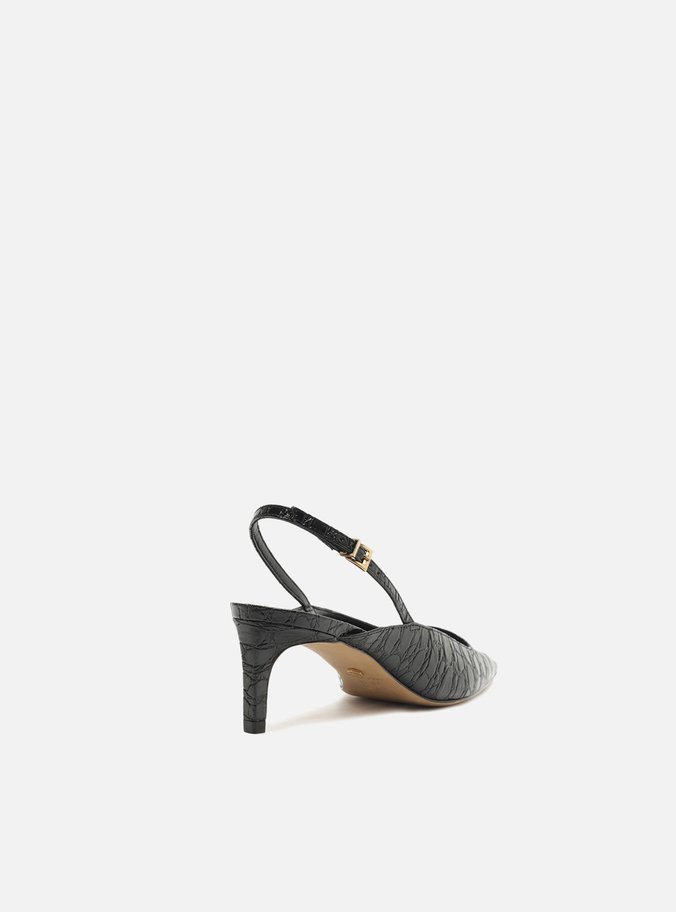 Scarpin Marrom Croco Salto Baixo Slingback