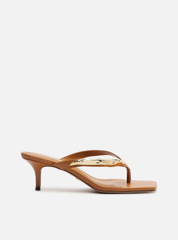 Tamanco Marrom Couro Salto Fino Flip Flop Metal