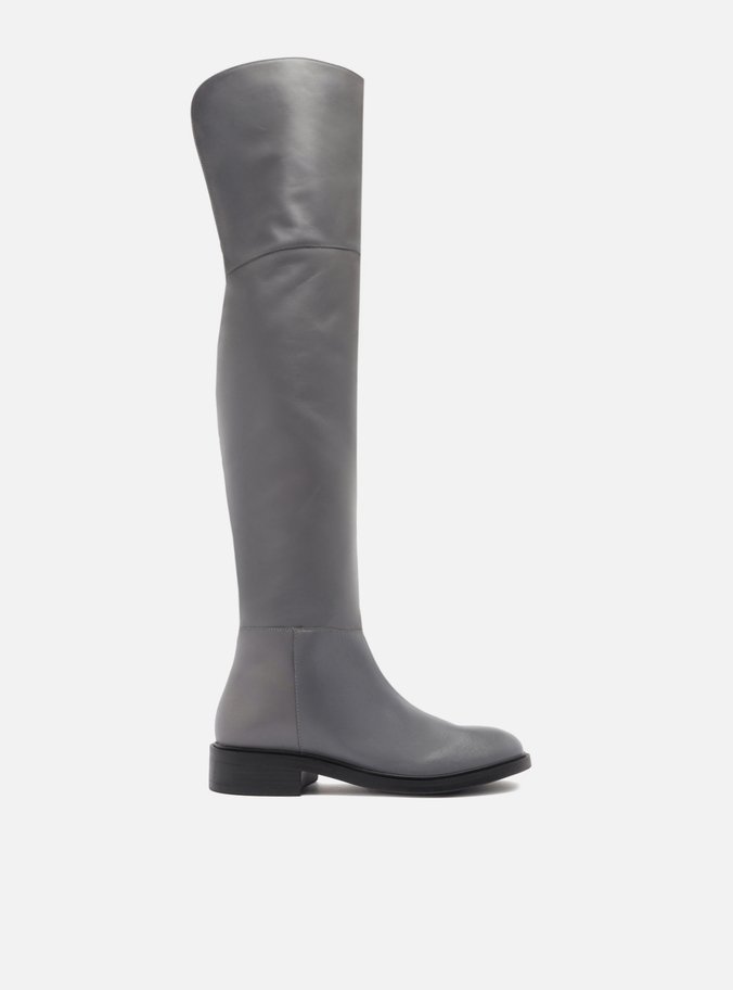 Bota Over The Knee Cinza Couro Salto Bloco