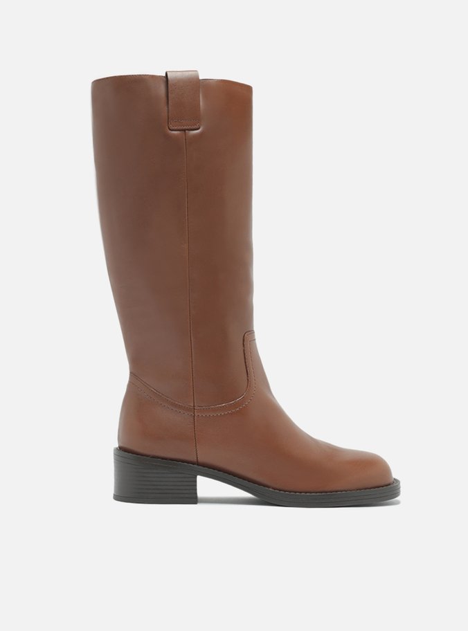 Bota Marrom Couro Cano Longo Salto Bloco Tiras