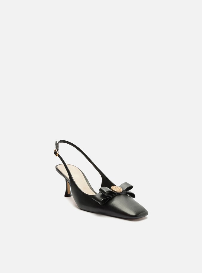 Scarpin Preto Couro Bico Quadrado Slingback Laço