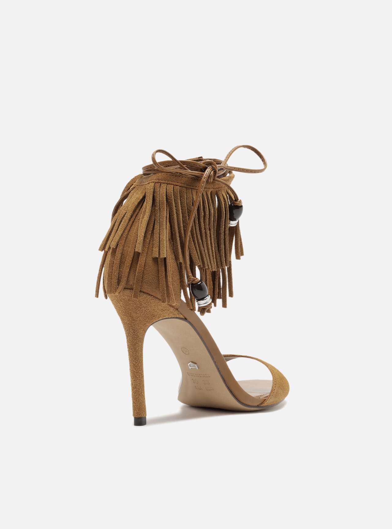 Sandália Caramelo Acamurçada Salto Fino Franjas — foto 3