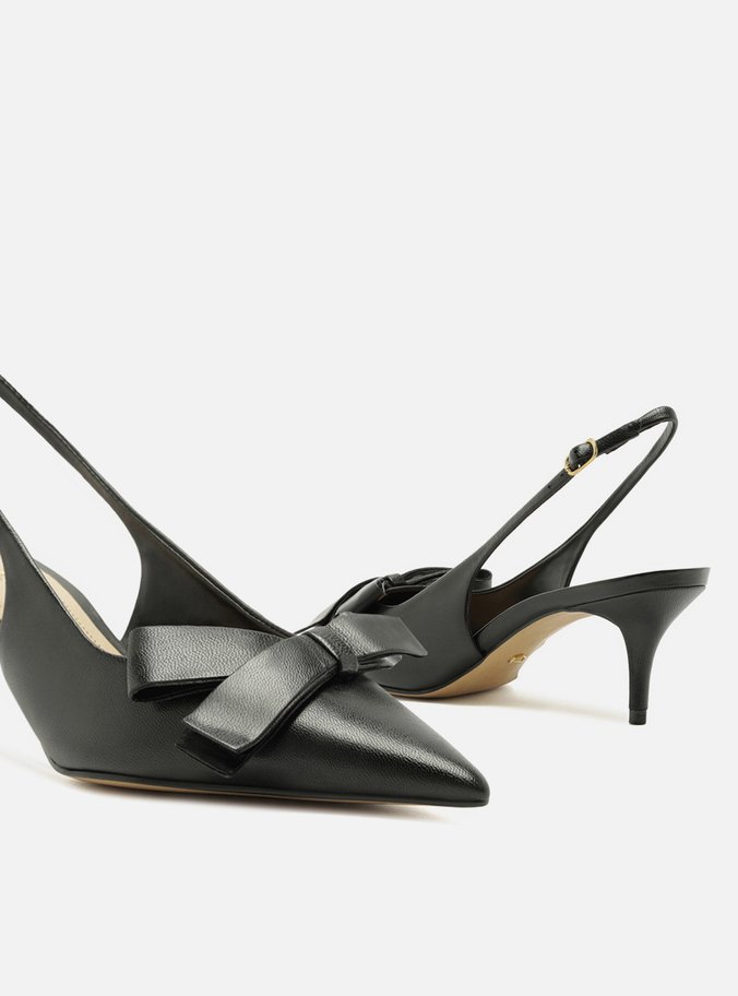 Scarpin Preto Couro Slingback Laço Lateral