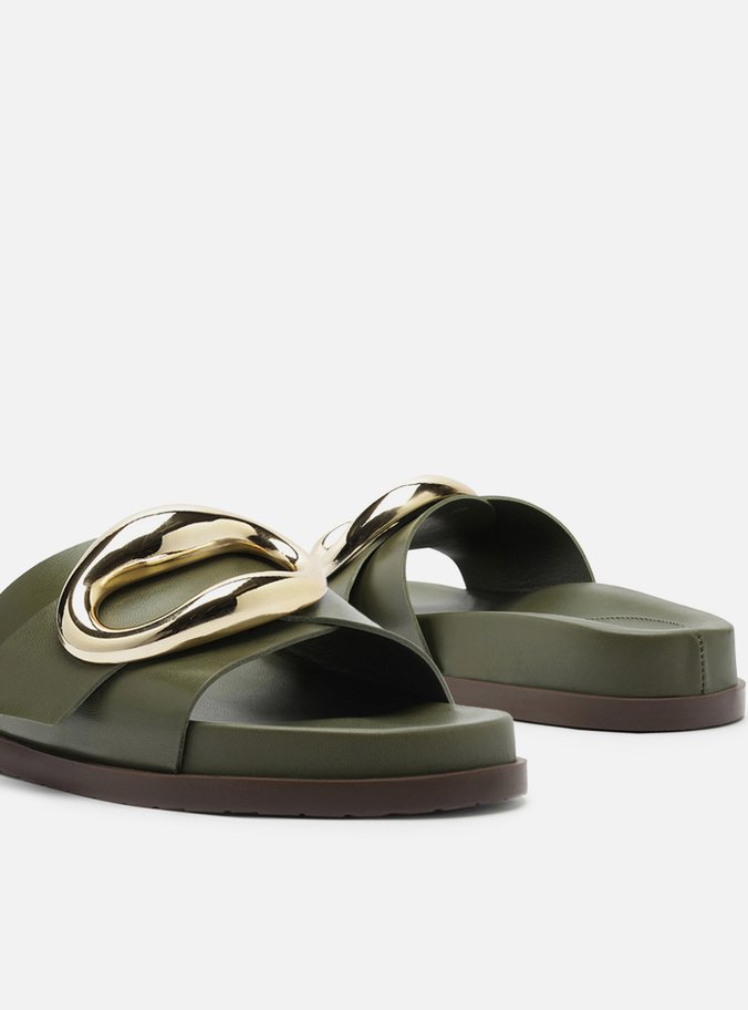 Rasteira Slide Verde Couro Metal Orgânico