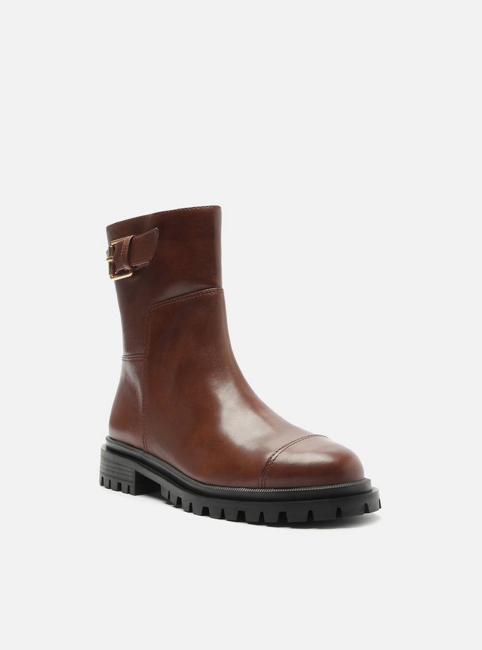 Bota Marrom Couro Cano Curto Tratorada Fivela