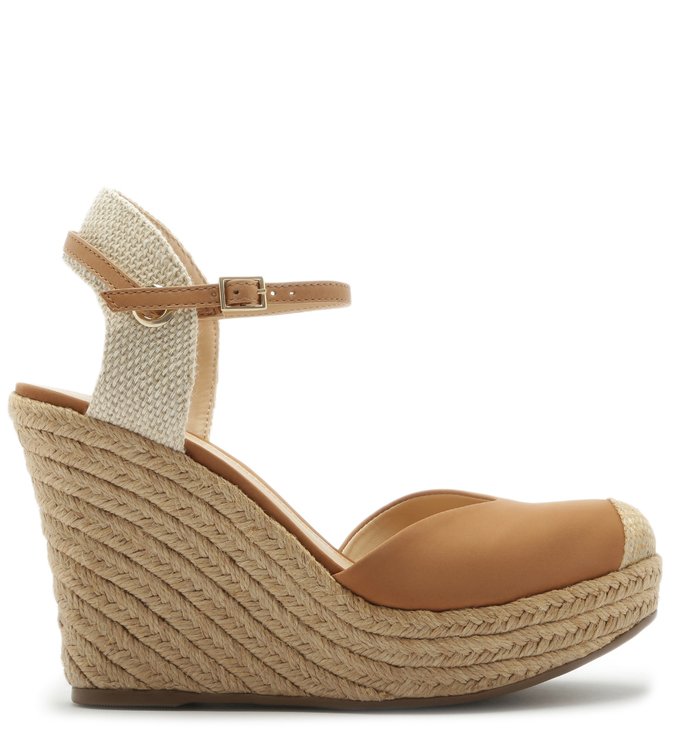 Espadrille Nobuck Salto Alto Corda Trançada Natural e Natural Wood