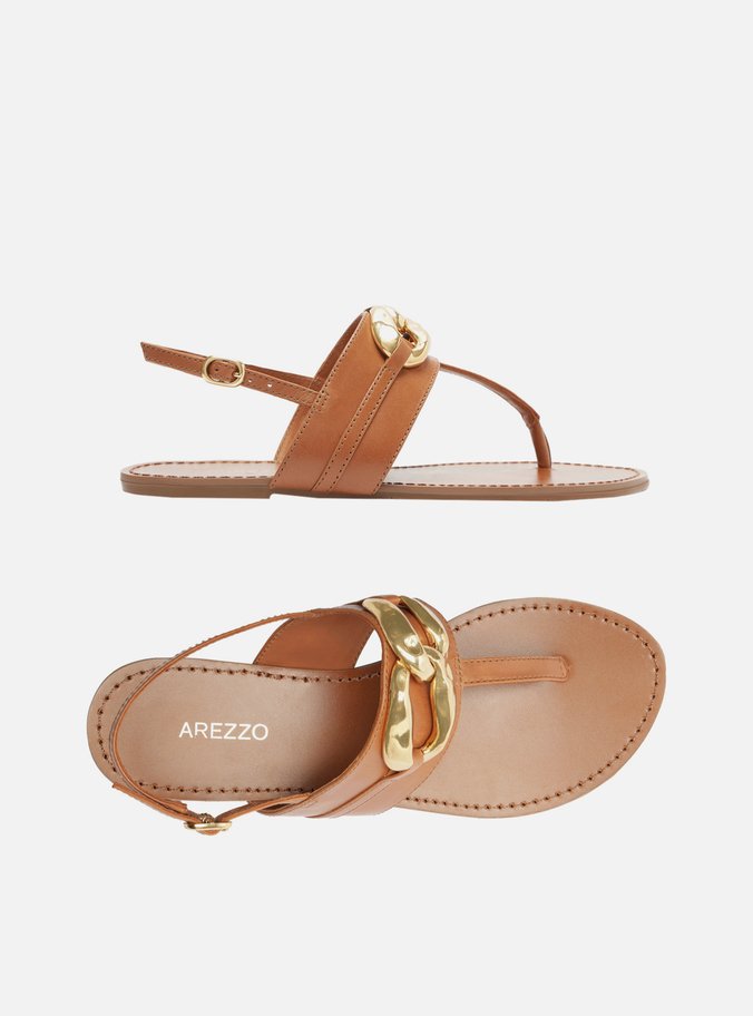 Sandália Rasteira Marrom Couro Slim Metal