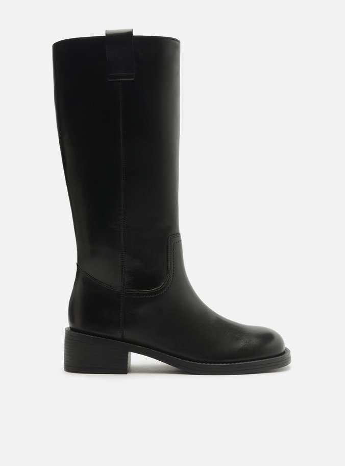 Bota Preta Couro Cano Longo Salto Bloco Tiras