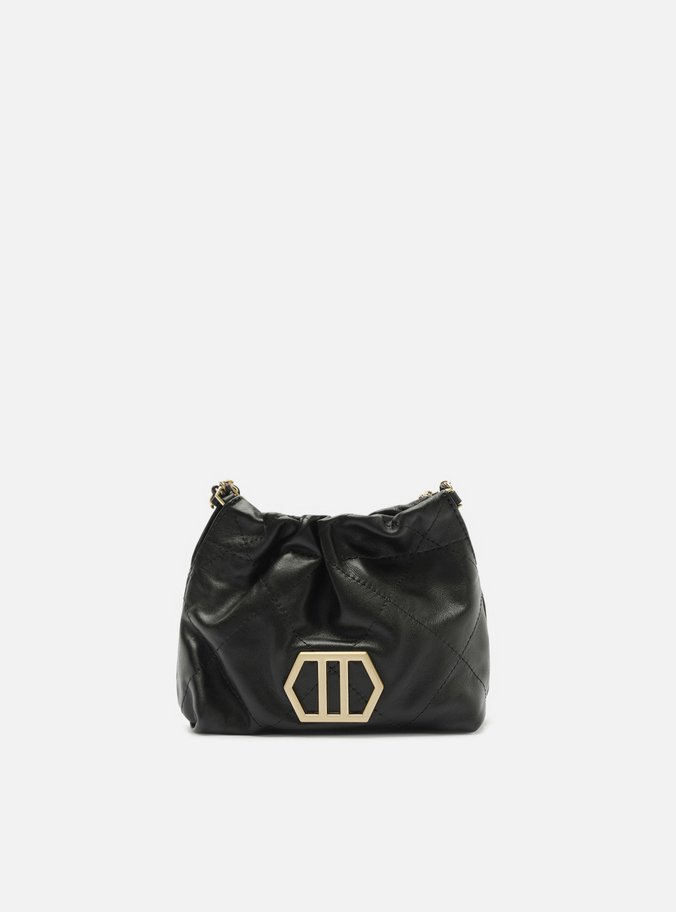 Bolsa Tiracolo Preta Couro Pequena Corrente Dourada