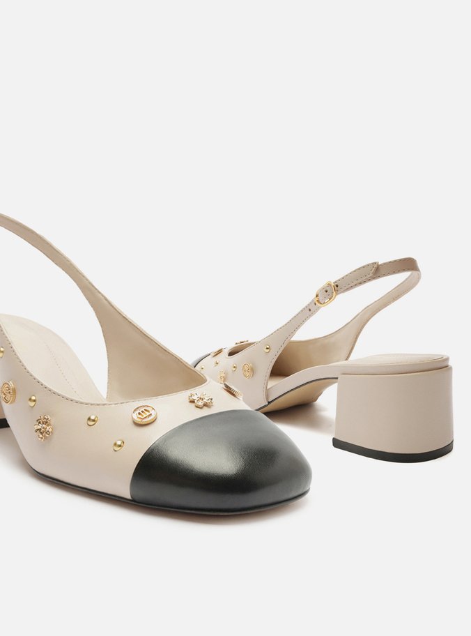 Scarpin Bege Couro Slingback Aplicações