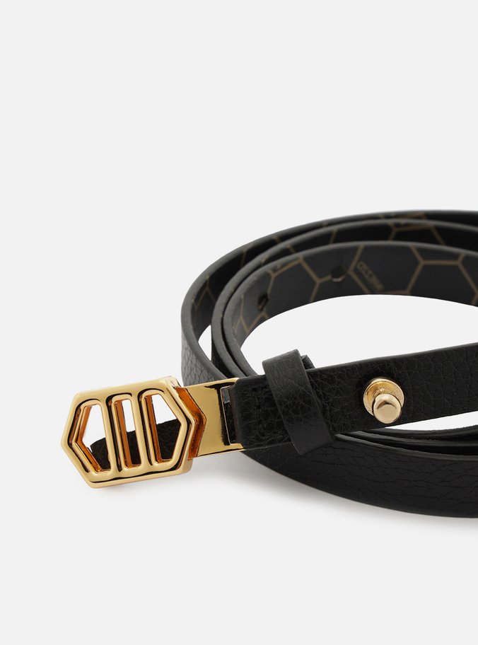 Cinto Preto Couro Fivela Hexagonal Fino