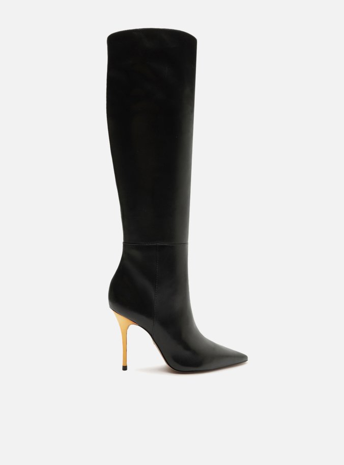 Bota Preta Couro Cano Longo Salto Alto Dourado