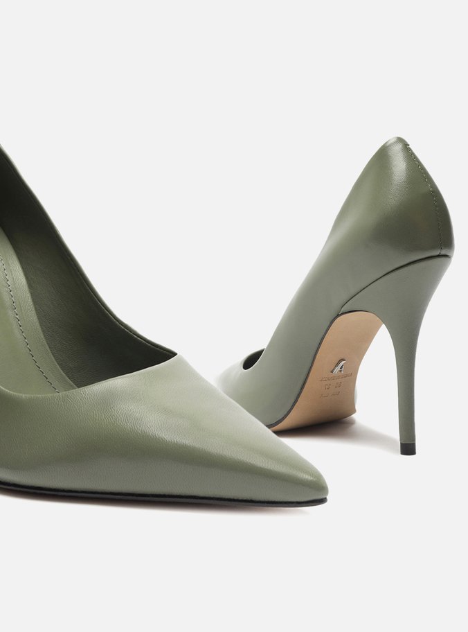 Scarpin Verde Militar Couro Salto Alto Bico Fino