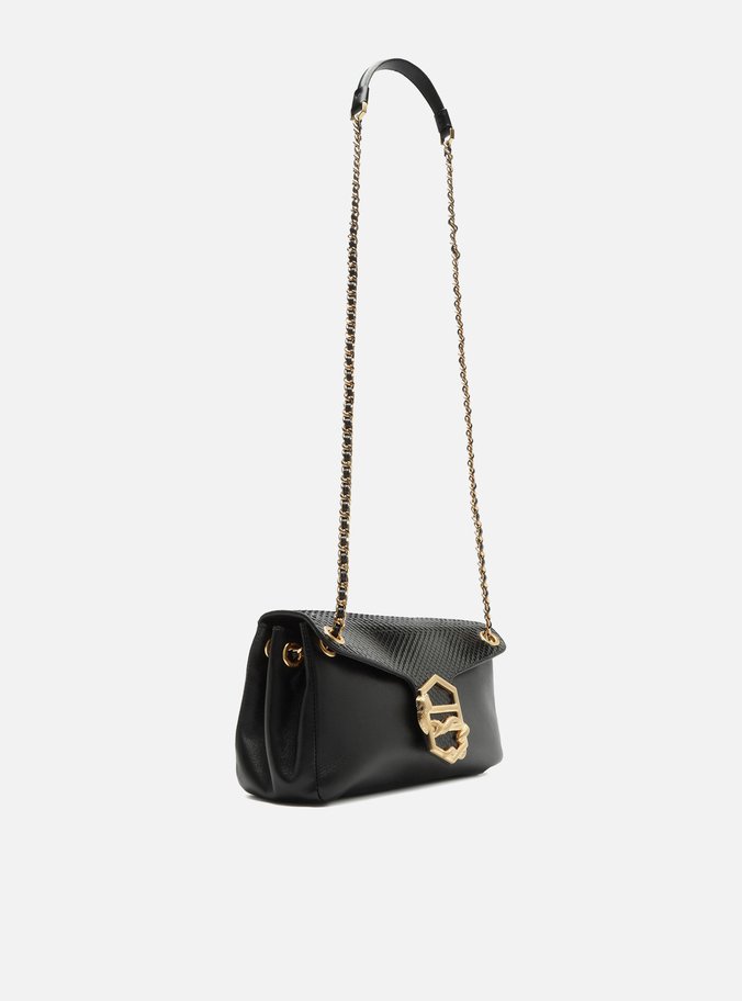 Bolsa Tiracolo Preta Couro Snake Média