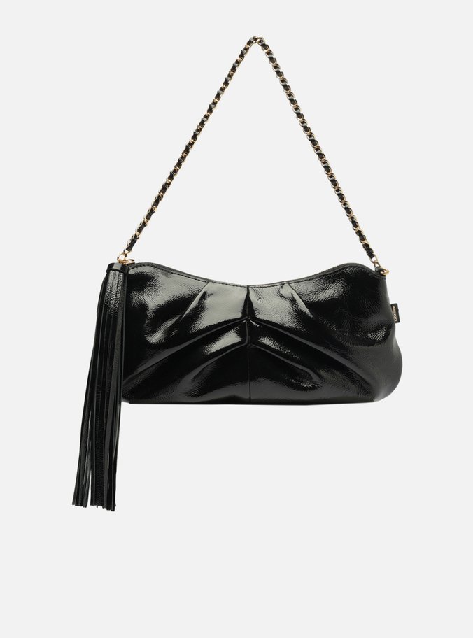 Bolsa Shoulder Preta Couro Grande Franzida
