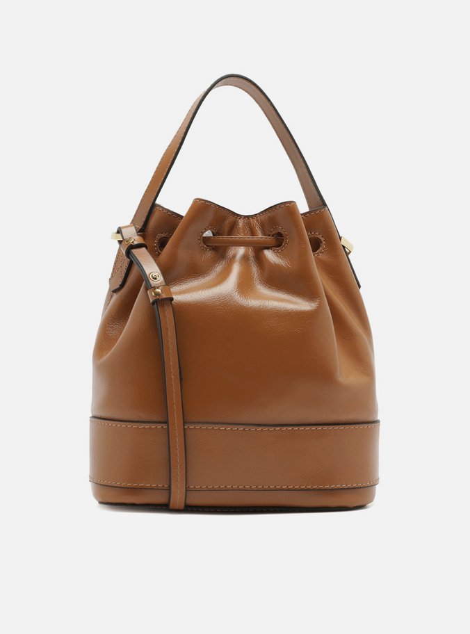 Bolsa Bucket Marrom Couro Média Zíper