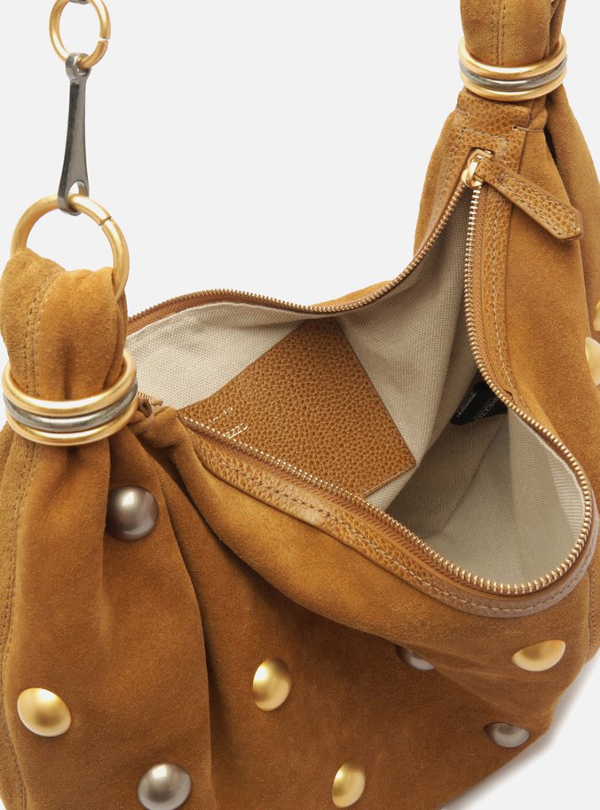 Bolsa Hobo Marrom Couro Acamurçado Grande Esferas