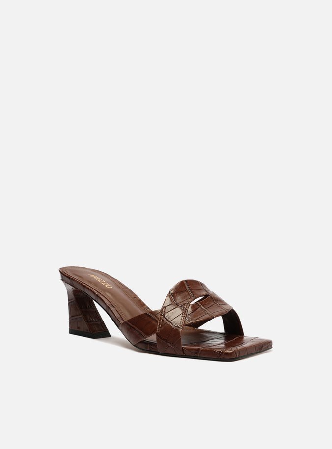 Sandália Marrom Croco Bico Quadrado Flare