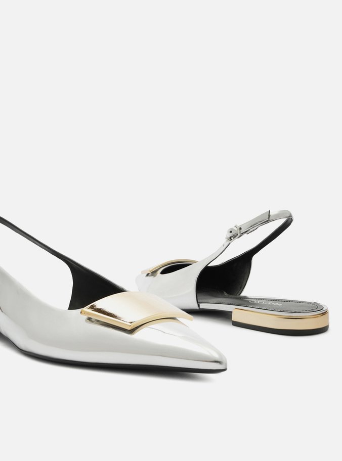 Sapatilha Prata Bico Fino Slingback Aplicação