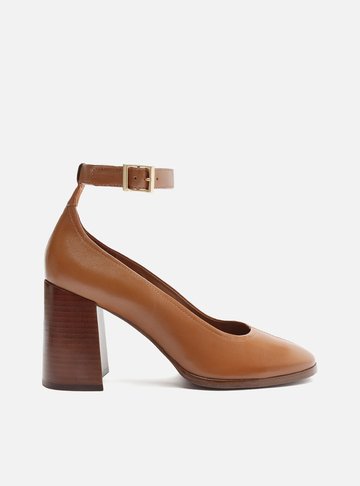 Scarpin Marrom Couro Salto Bloco Tira