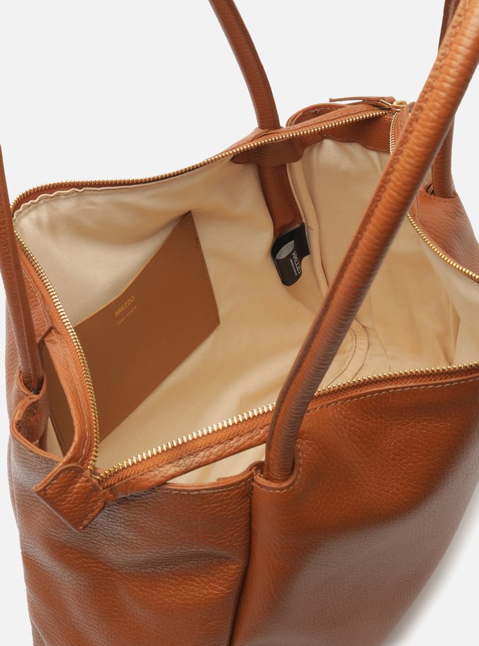 Bolsa Shopping Marrom Couro Grande Tag Metal