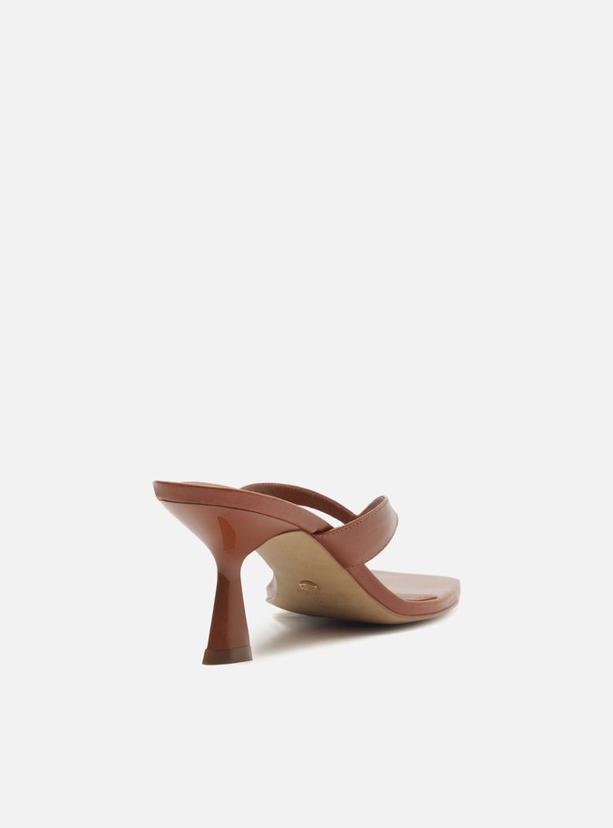 Tamanco Marrom Couro Salto Fino Flip Flop