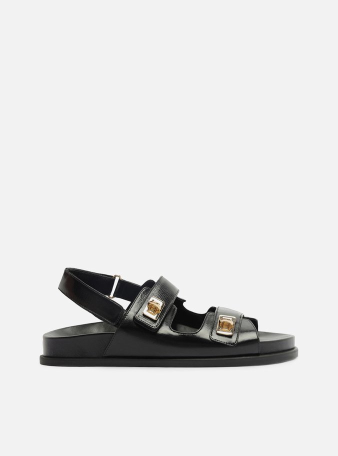 Sandália Papete Preta Couro Flatform Metais