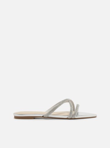 Rasteira Prata Flat Bico Folha Tiras Strass