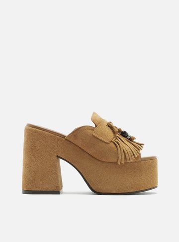 Tamanco Marrom Escuro Suede Meia Pata Franjas