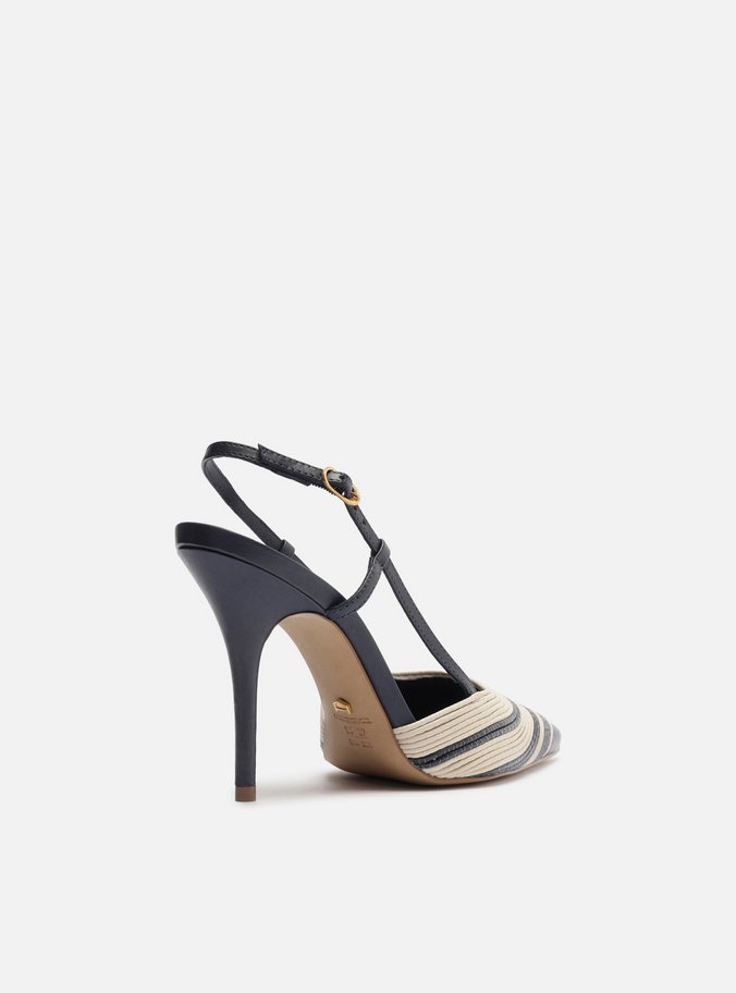 Scarpin Azul Couro Salto Alto Slingback Bicolor