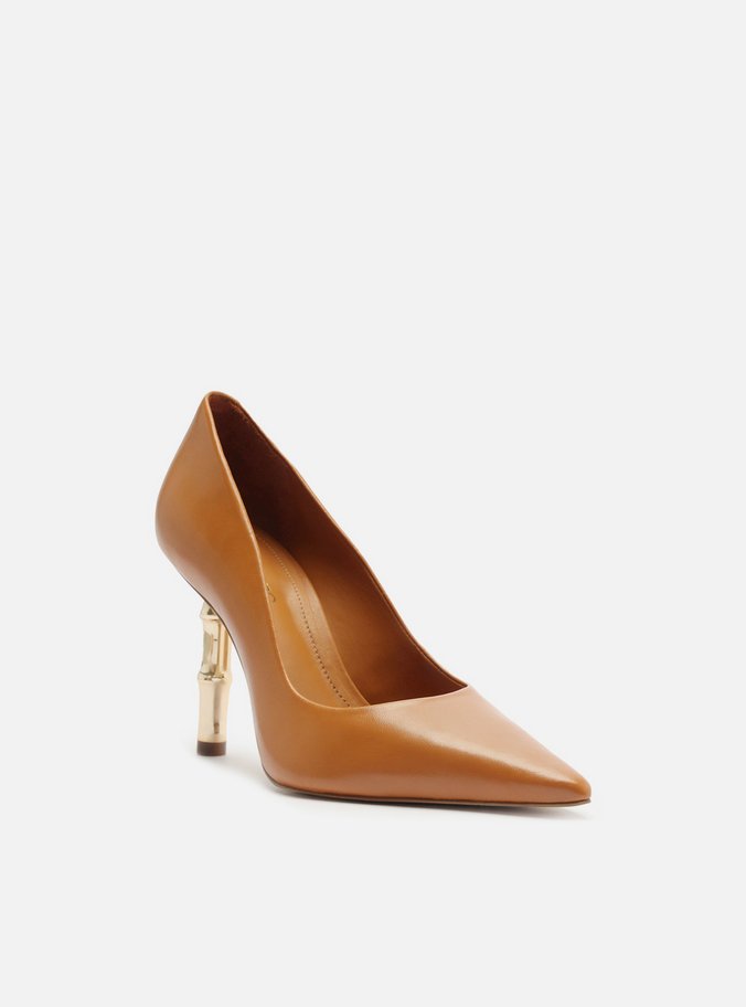 Scarpin Marrom Couro Salto Bamboo Metal