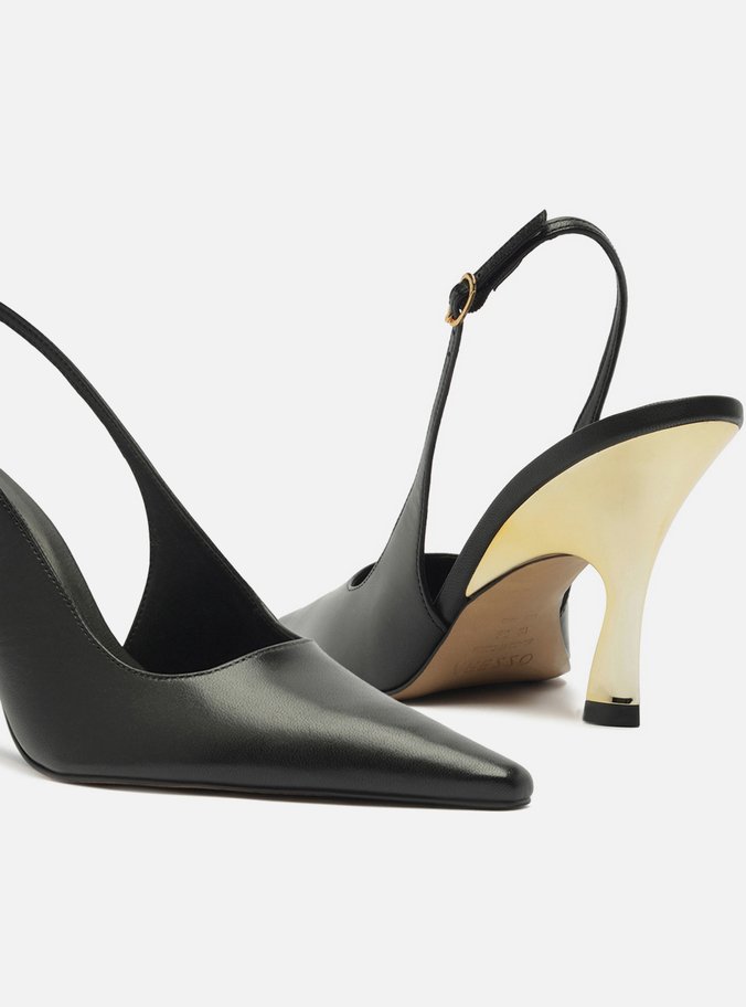 Scarpin Preto Couro Salto Alto Slingback
