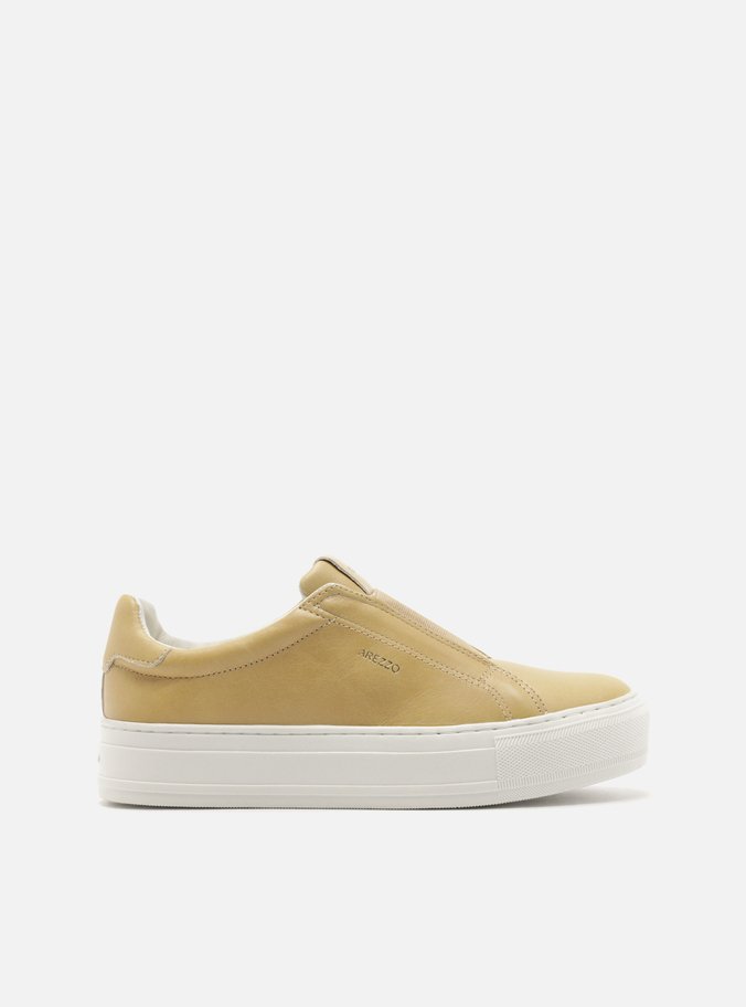 Tênis Nude Couro Flatform Metal Dourado