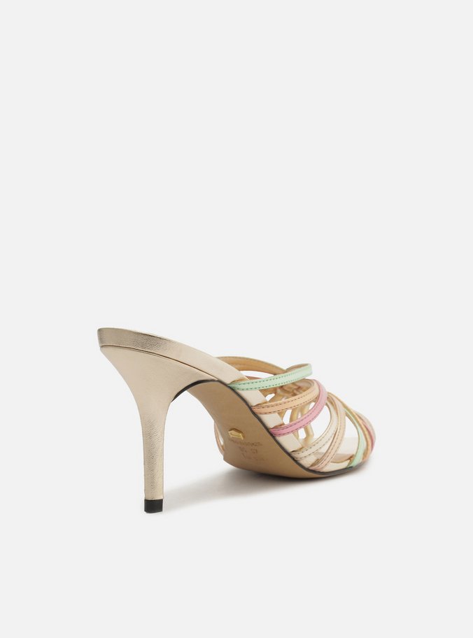 Tamanco Dourado Salto Fino Tiras Mix