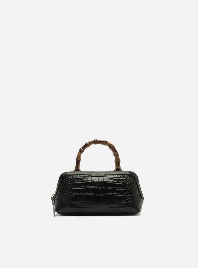 Bolsa Tiracolo Preta Média Croco Alça Bambu