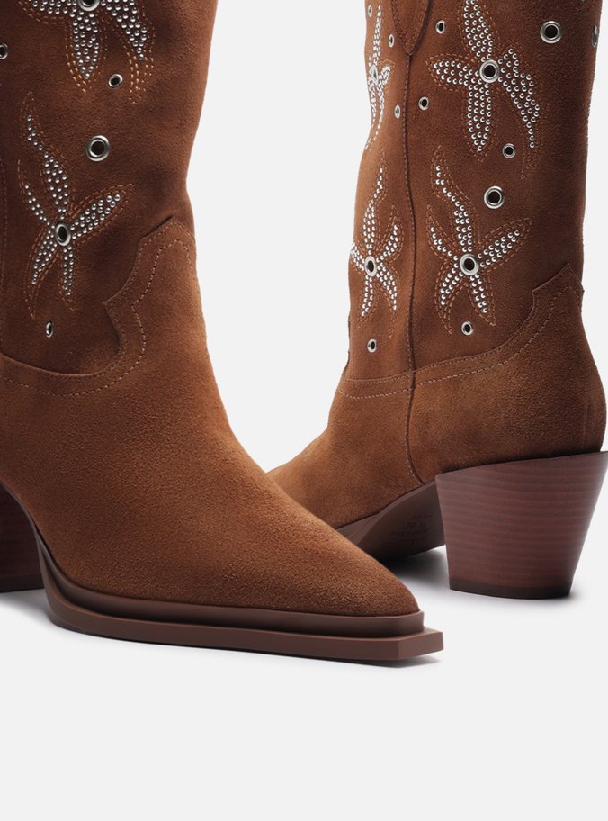 Bota Marrom Acamurçada Cano Longo Bordada Western