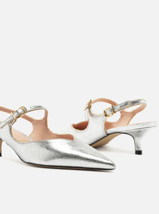 Sapato Boneca Prata Couro Bico Fino Slingback