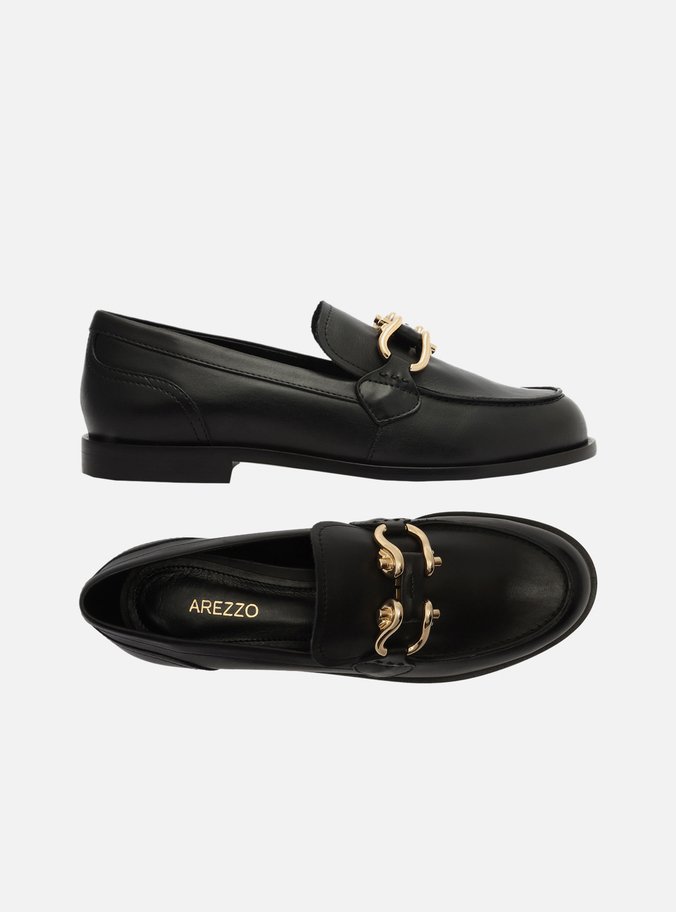 Mocassim Preto Couro Bico Redondo Metal