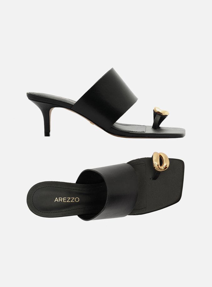 Sandália Preta Couro Salto Fino Metal Bold