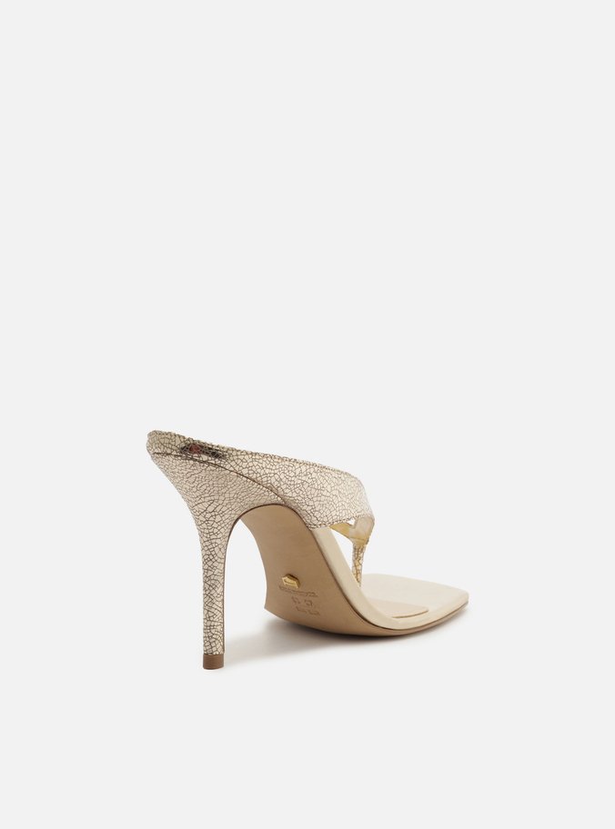 Tamanco Dourado Couro Salto Alto Thong
