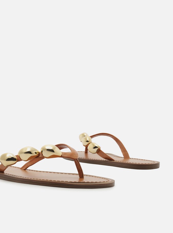 Rasteira Marrom Couro Flip Flop Metais
