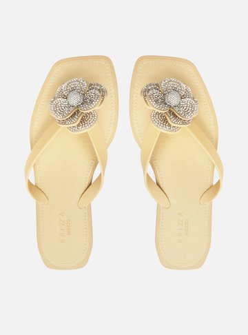 Chinelo de Dedo Bege Recouro Square Flor Strass