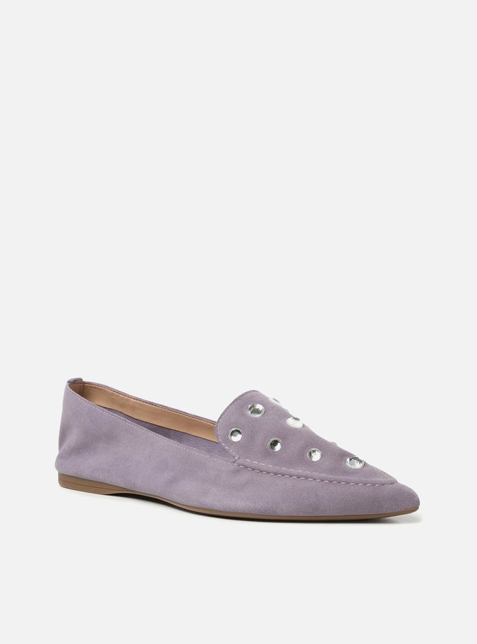 Mocassim Roxo Couro Salto Rasteiro Strass