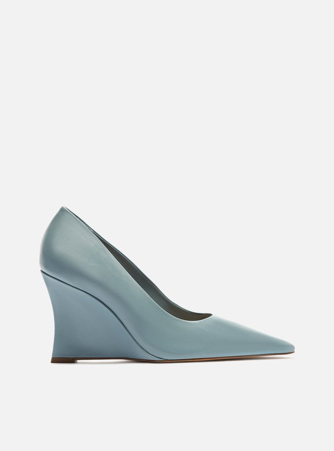 Scarpin Azul Couro Salto Anabela Bico Fino