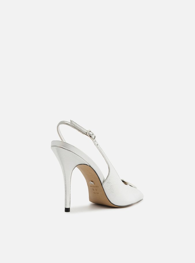 Scarpin Prata Couro Slingback Coração Metal