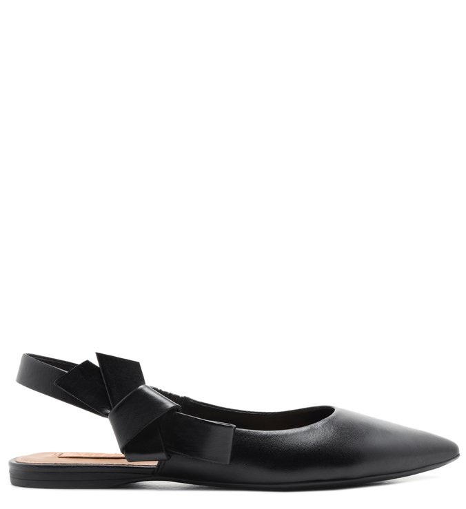 Sapatilha Preta Couro Bico Fino Slingback Laço