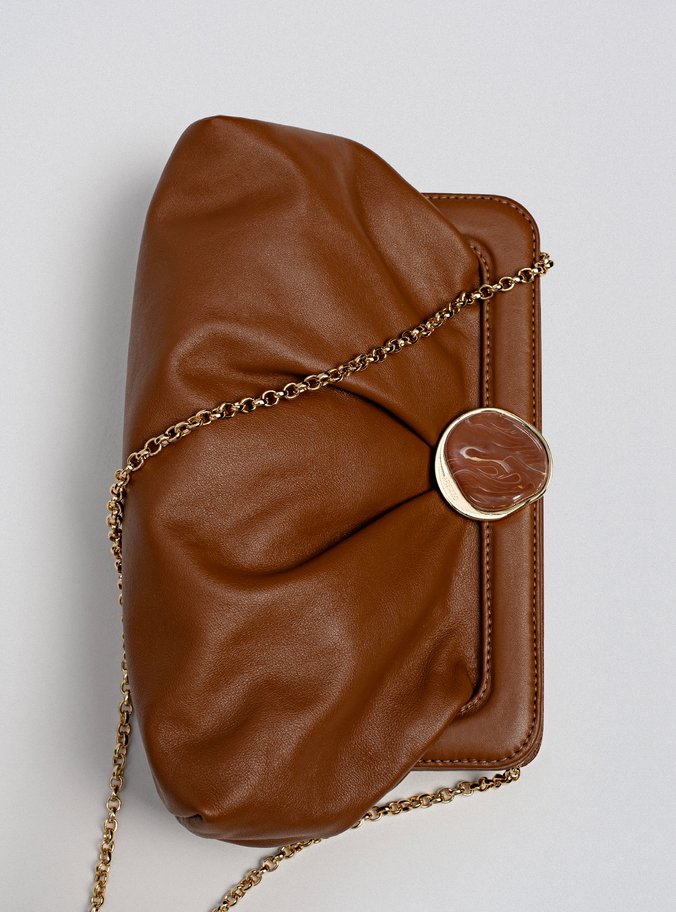 Clutch Marrom Couro Grande Corrente Pedra