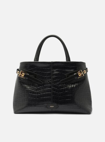 Bolsa Tote Preta Couro Croco Grande Fivelas