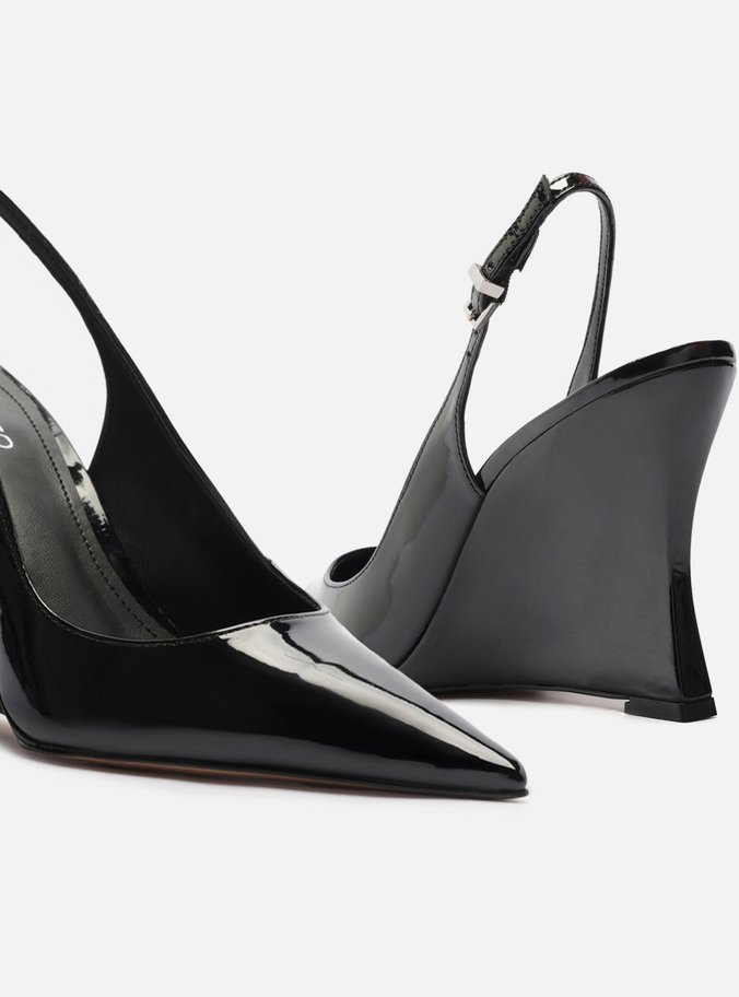 Scarpin Preto Verniz Salto Alto Anabela Slingback