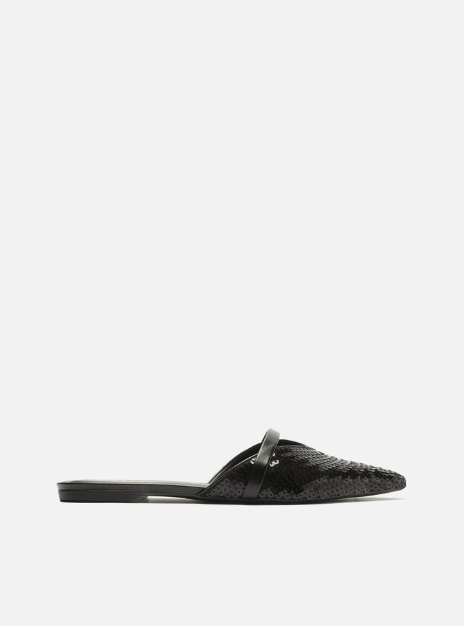 Mule Preta Paetês Bico Fino Flat